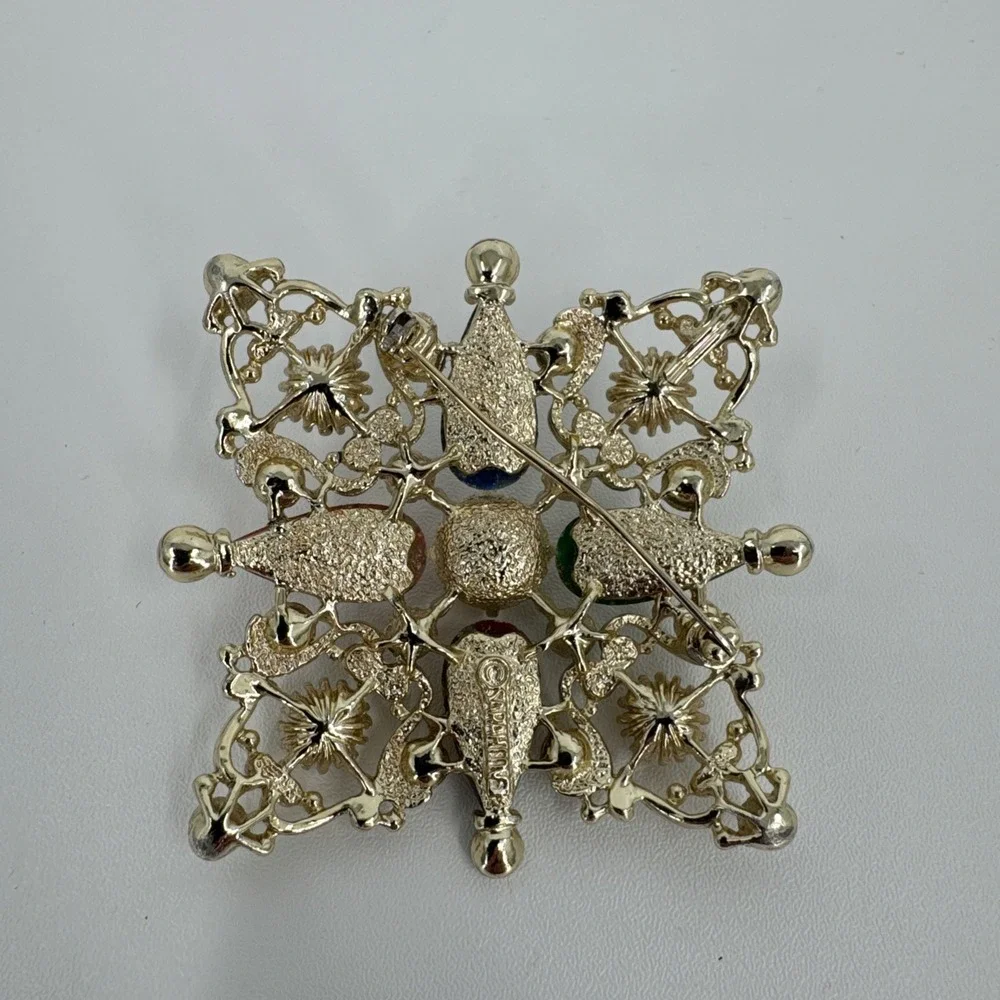 Sarah Coventry Galaxy Pin Pendant AB Rhinestone Faux Pearl Gold‎ Tone Brooch